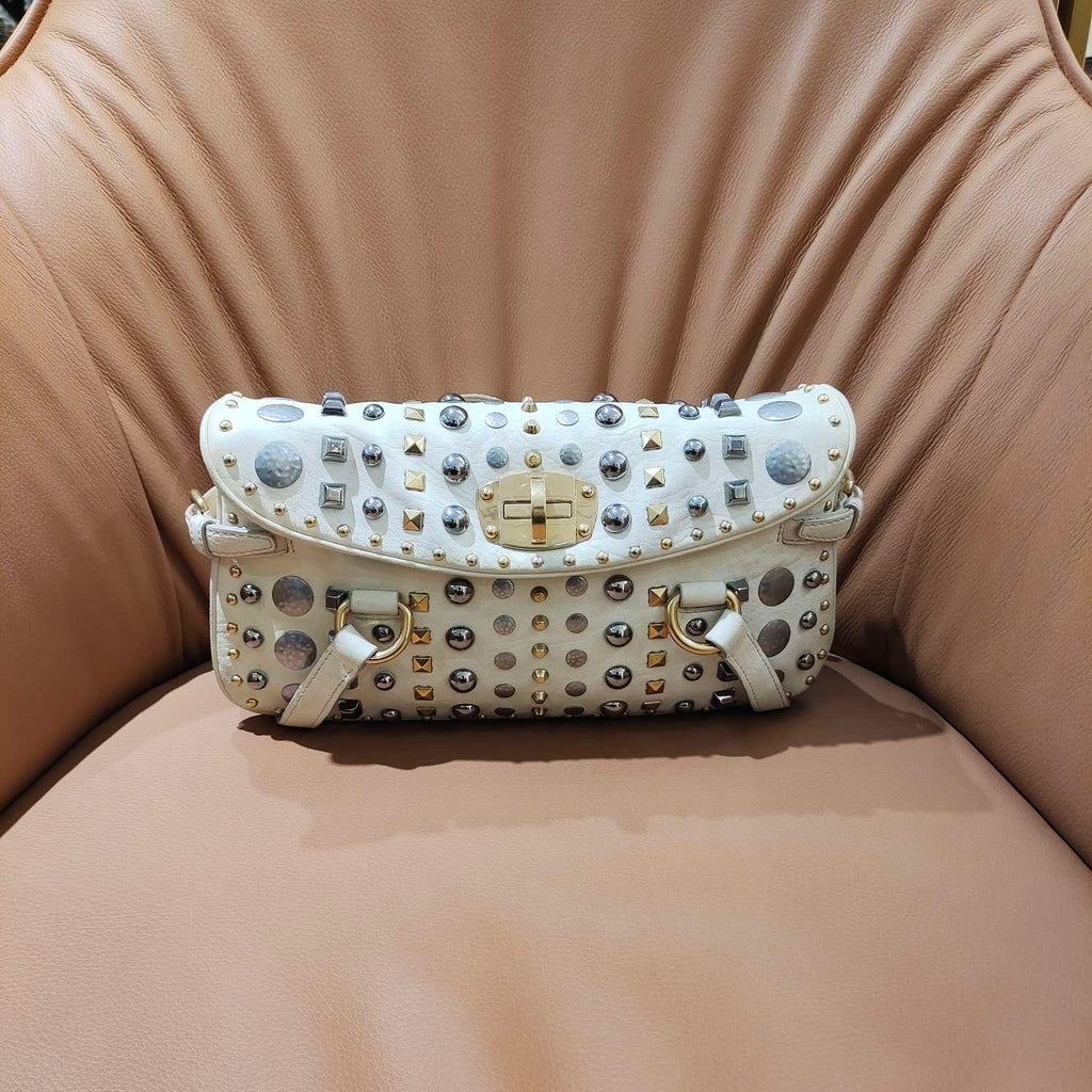 Fendi Handbag Off-White Embellished Leather Gold Hardware