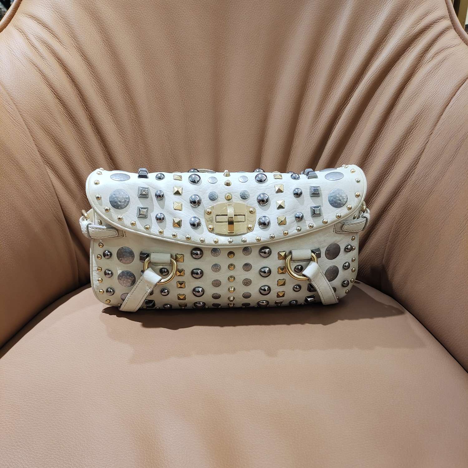 Fendi Handbag Off-White Embellished Leather Gold Hardware