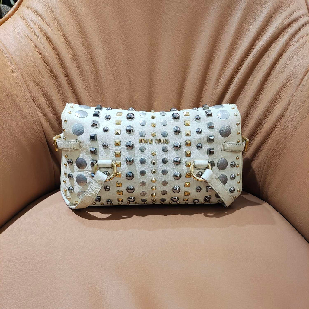 Fendi Handbag Off-White Embellished Leather Gold Hardware