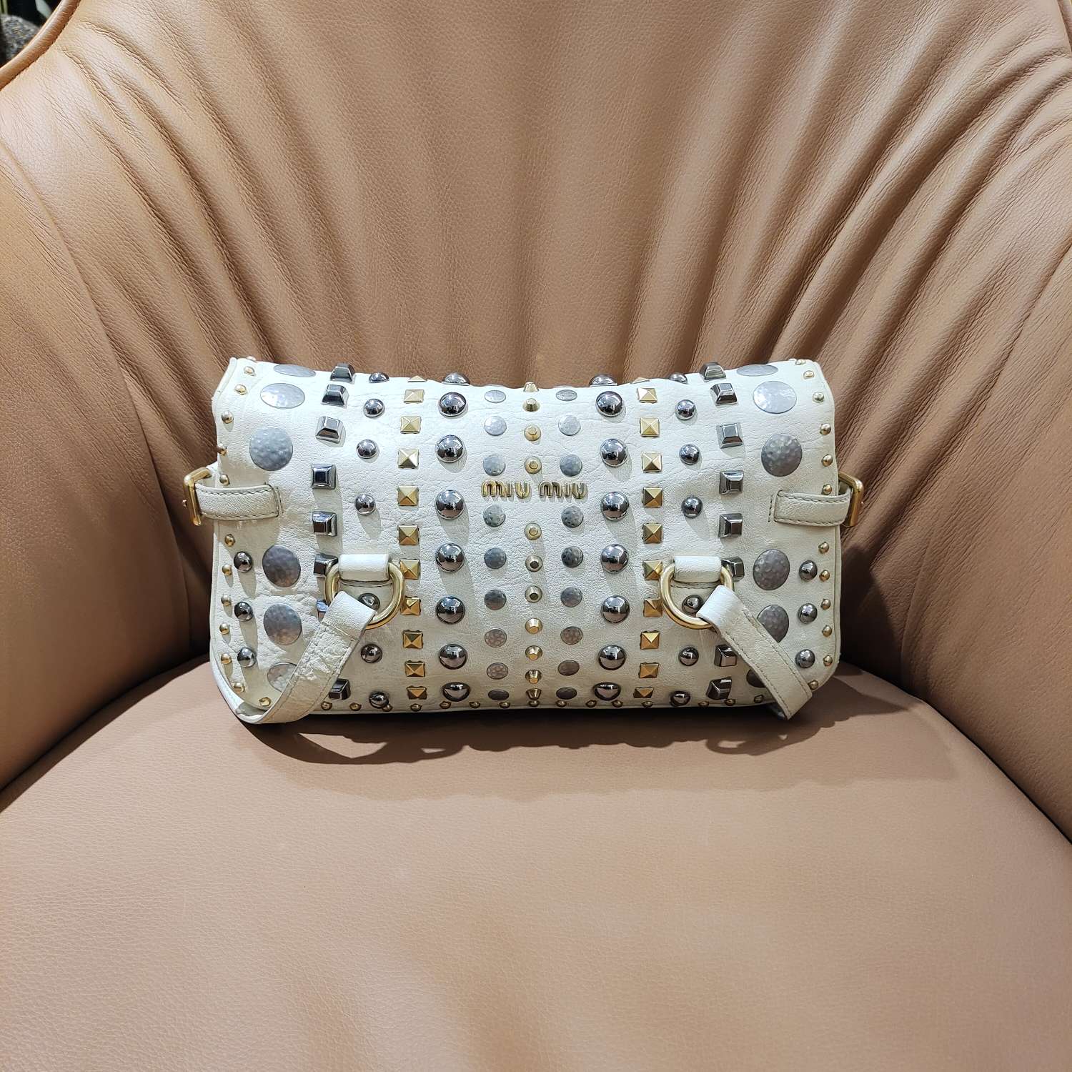 Fendi Handbag Off-White Embellished Leather Gold Hardware