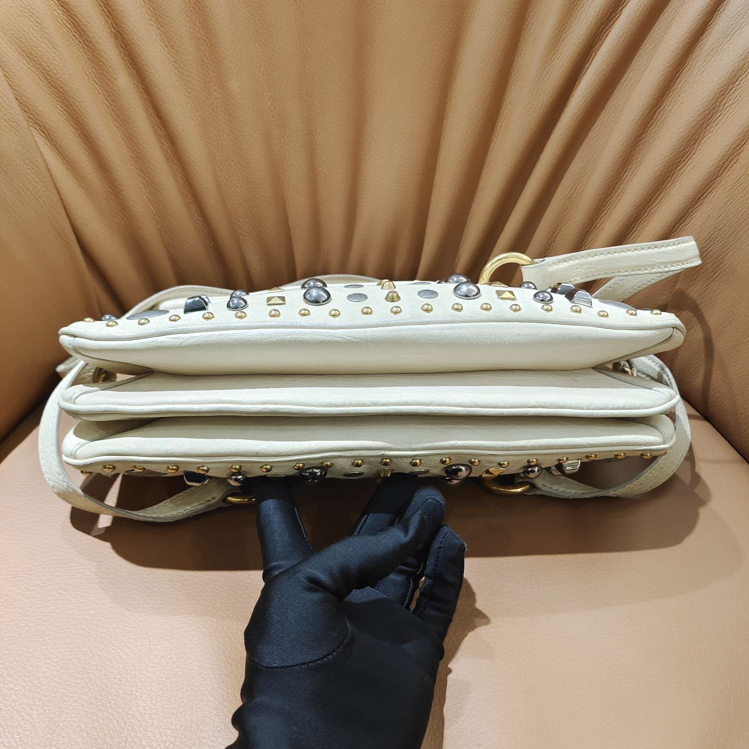 Fendi Handbag Off-White Embellished Leather Gold Hardware