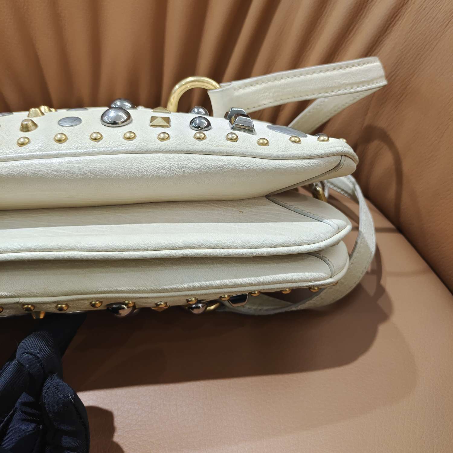 Fendi Handbag Off-White Embellished Leather Gold Hardware