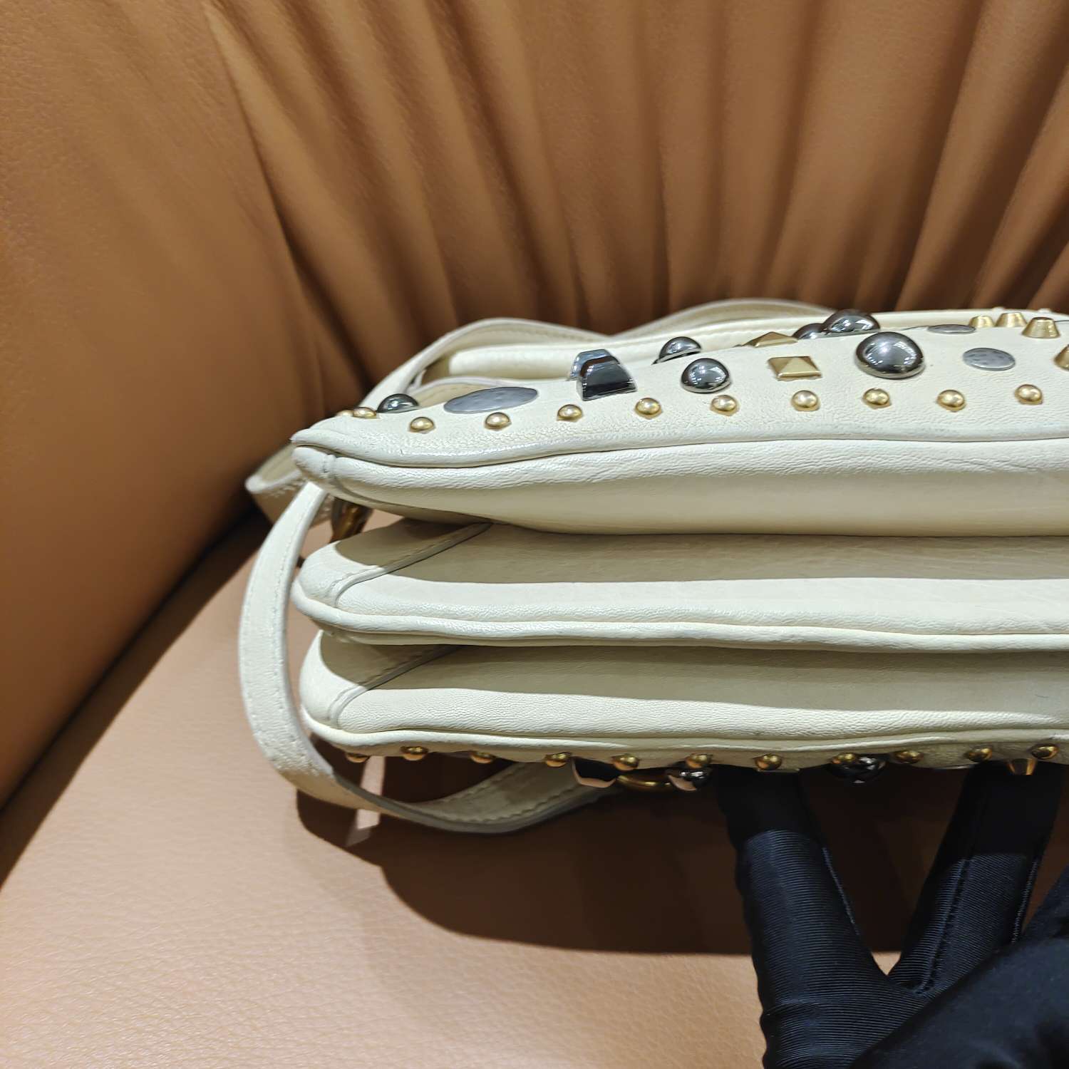 Fendi Handbag Off-White Embellished Leather Gold Hardware