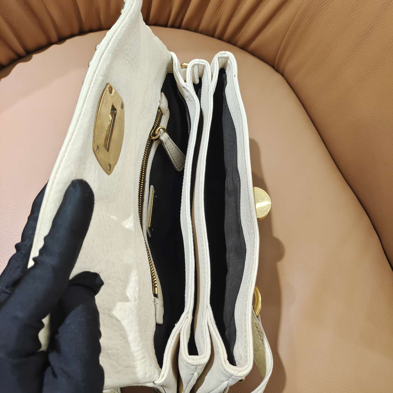 Fendi Handbag Off-White Embellished Leather Gold Hardware