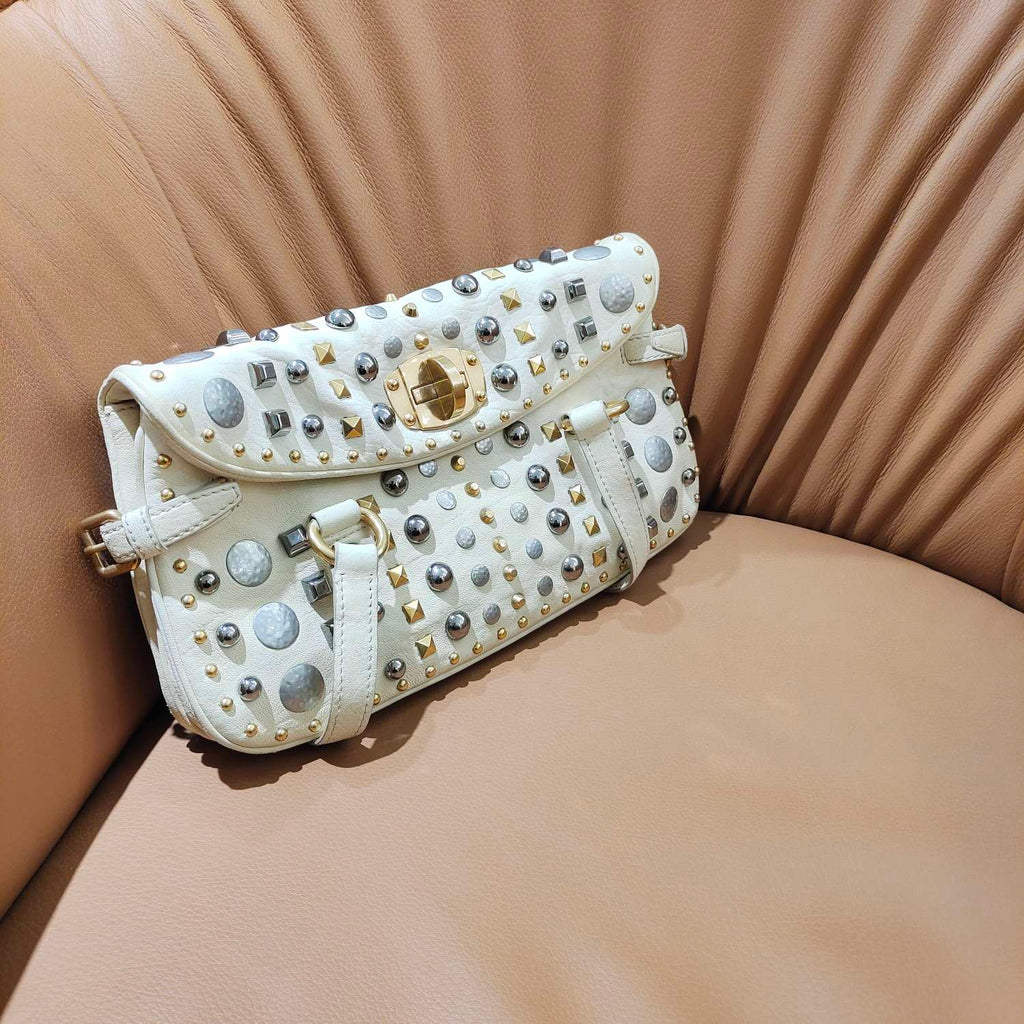 Fendi Handbag Off-White Embellished Leather Gold Hardware