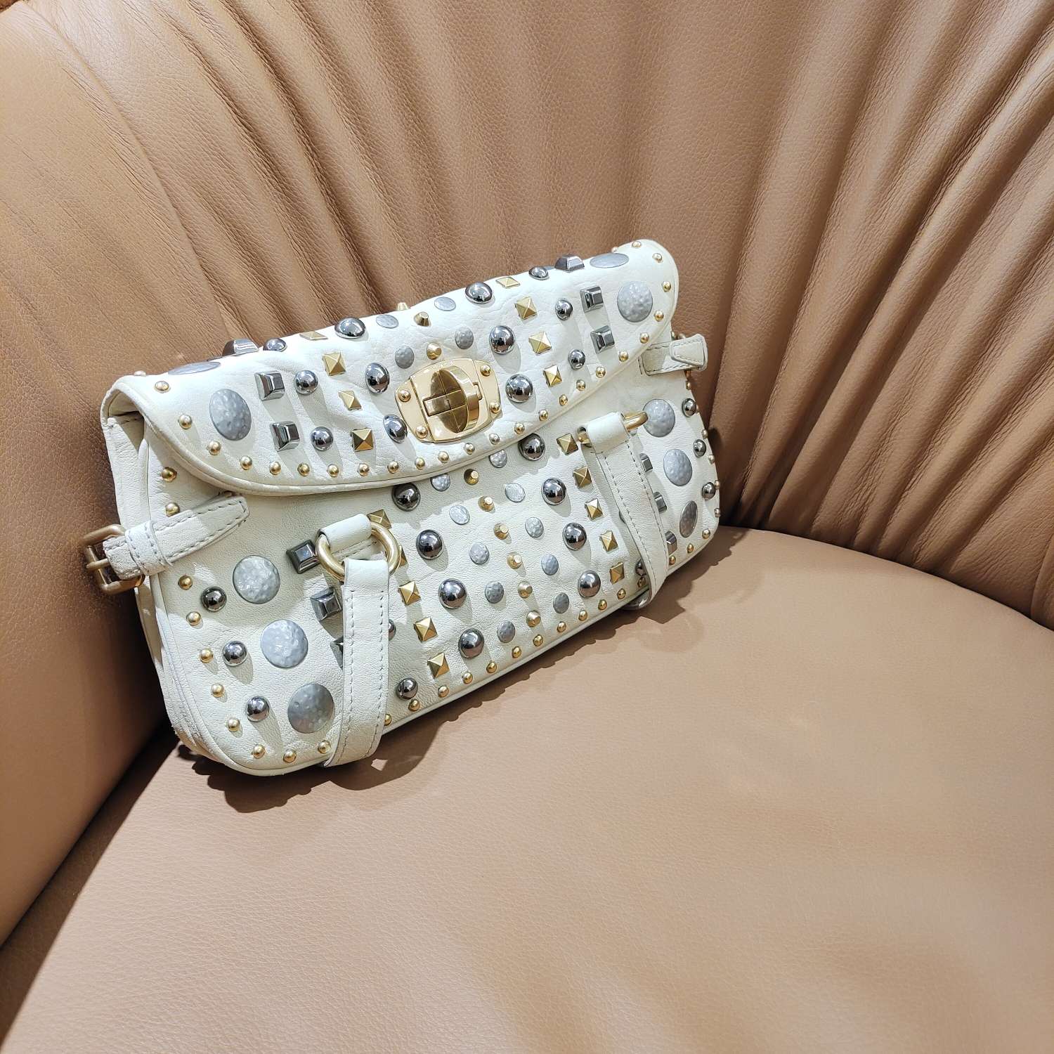 Fendi Handbag Off-White Embellished Leather Gold Hardware
