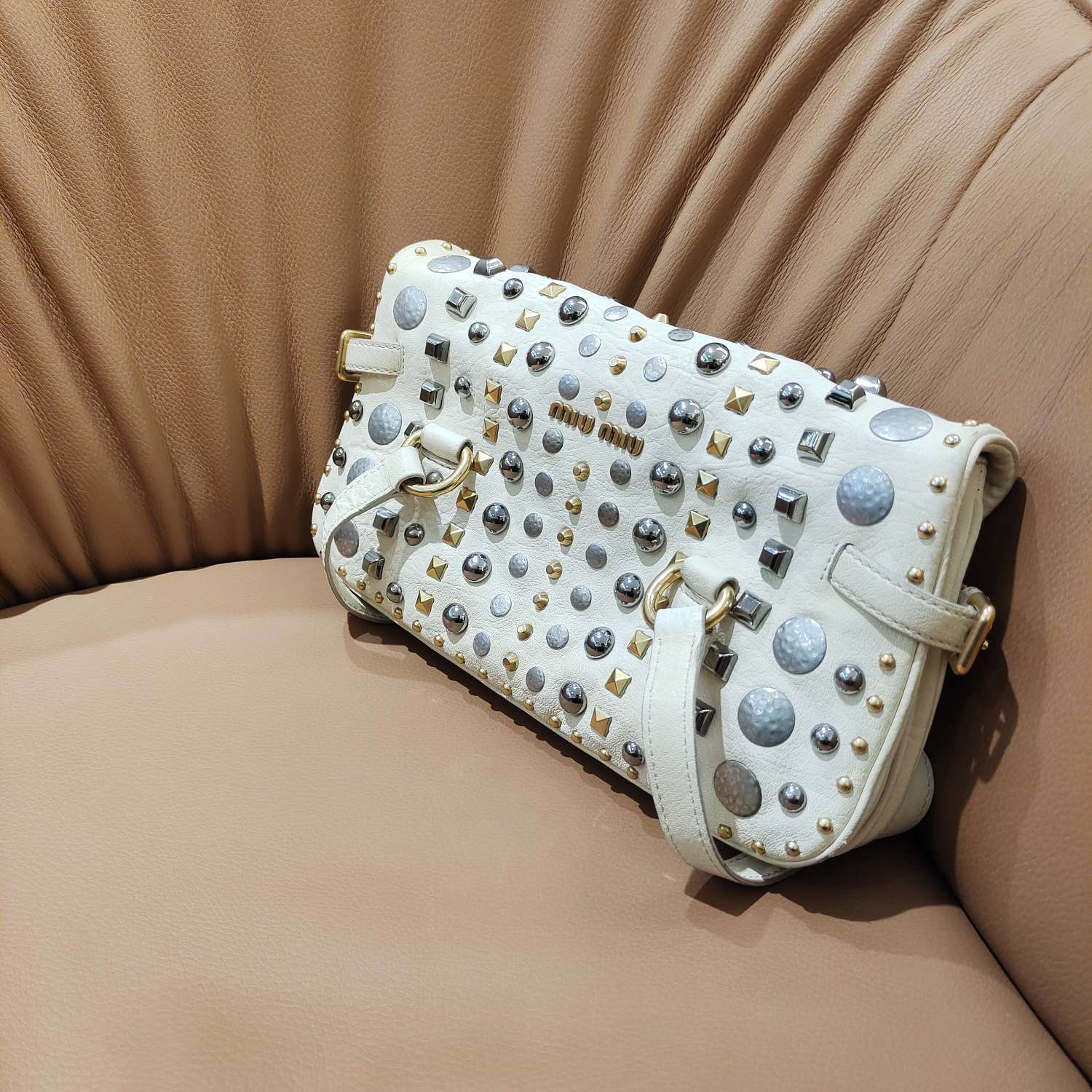 Fendi Handbag Off-White Embellished Leather Gold Hardware