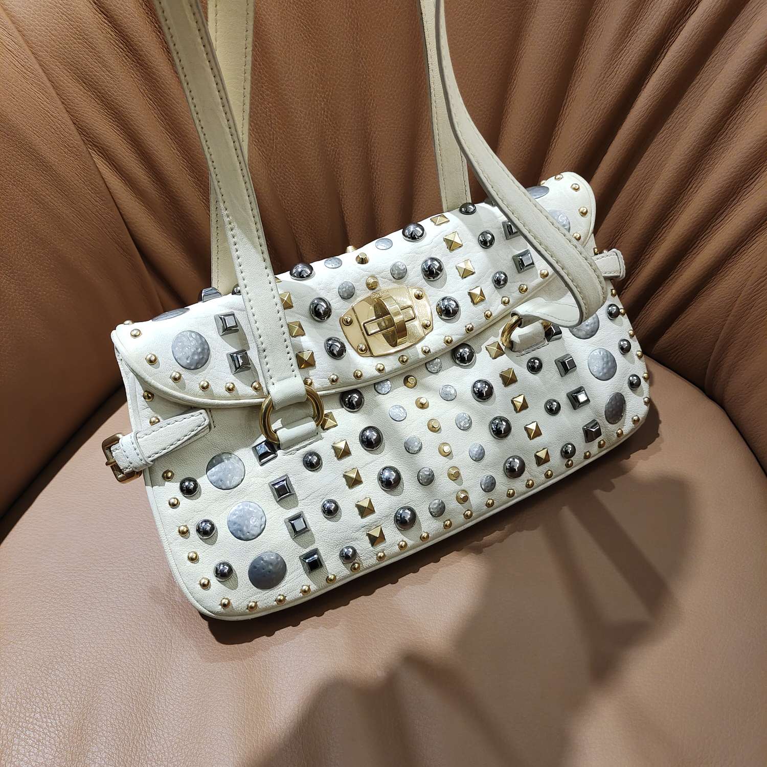 Fendi Handbag Off-White Embellished Leather Gold Hardware