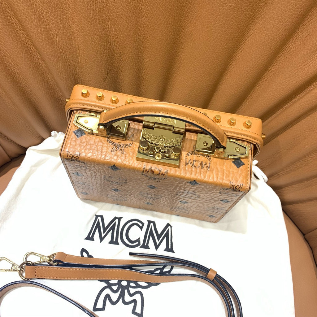 MCM Vanity Case Trunk Bag Cognac Visetos Canvas Gold Hardware
