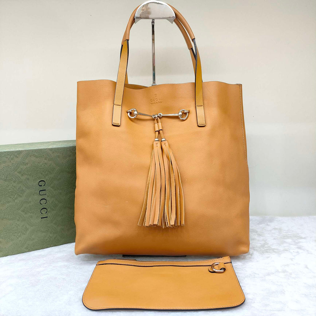 Gucci GG Canvas Tassel Bucket Bag Beige Gold Hardware
