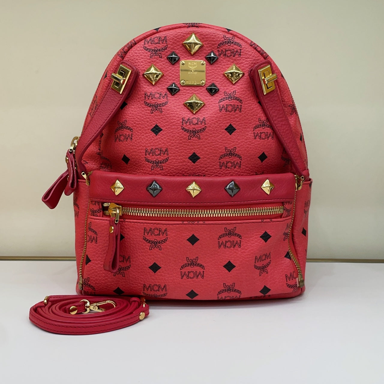 MCM Visetos Rivet Stark Backpack Medium Watermelon Red Gold Hardware