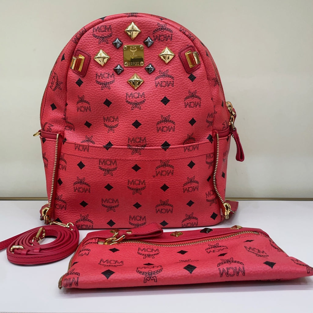 MCM Visetos Rivet Stark Backpack Medium Watermelon Red Gold Hardware