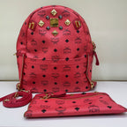 MCM Visetos Rivet Stark Backpack Medium Watermelon Red Gold Hardware
