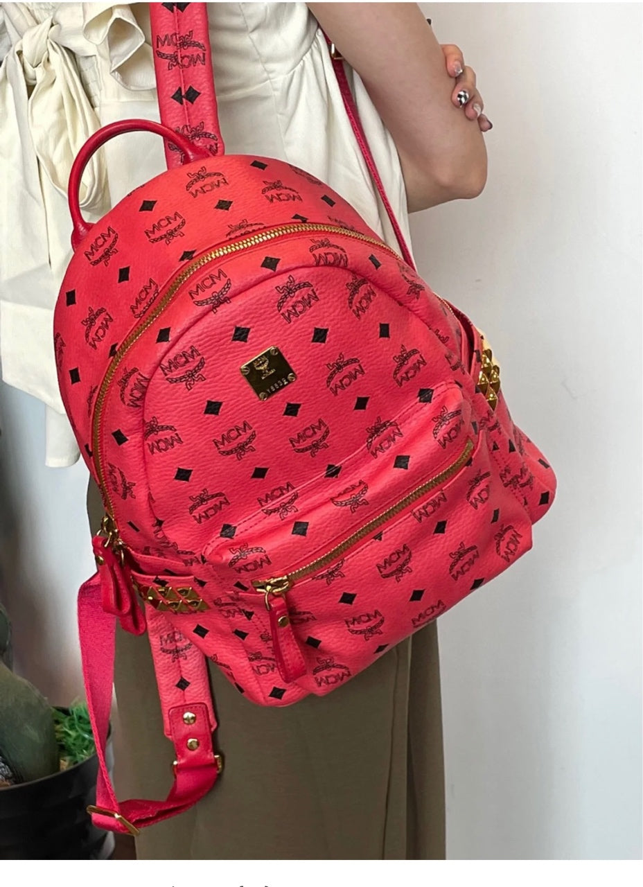MCM Visetos Rivet Stark Backpack Medium Watermelon Red Gold Hardware