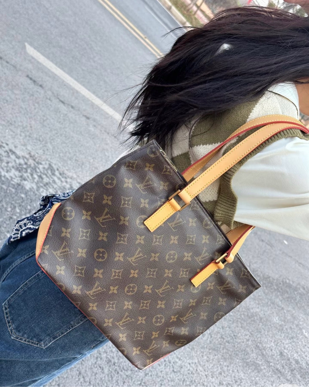 Louis Vuitton Damier Ebene Cabas Piano Tote Bag Brown Gold Hardware