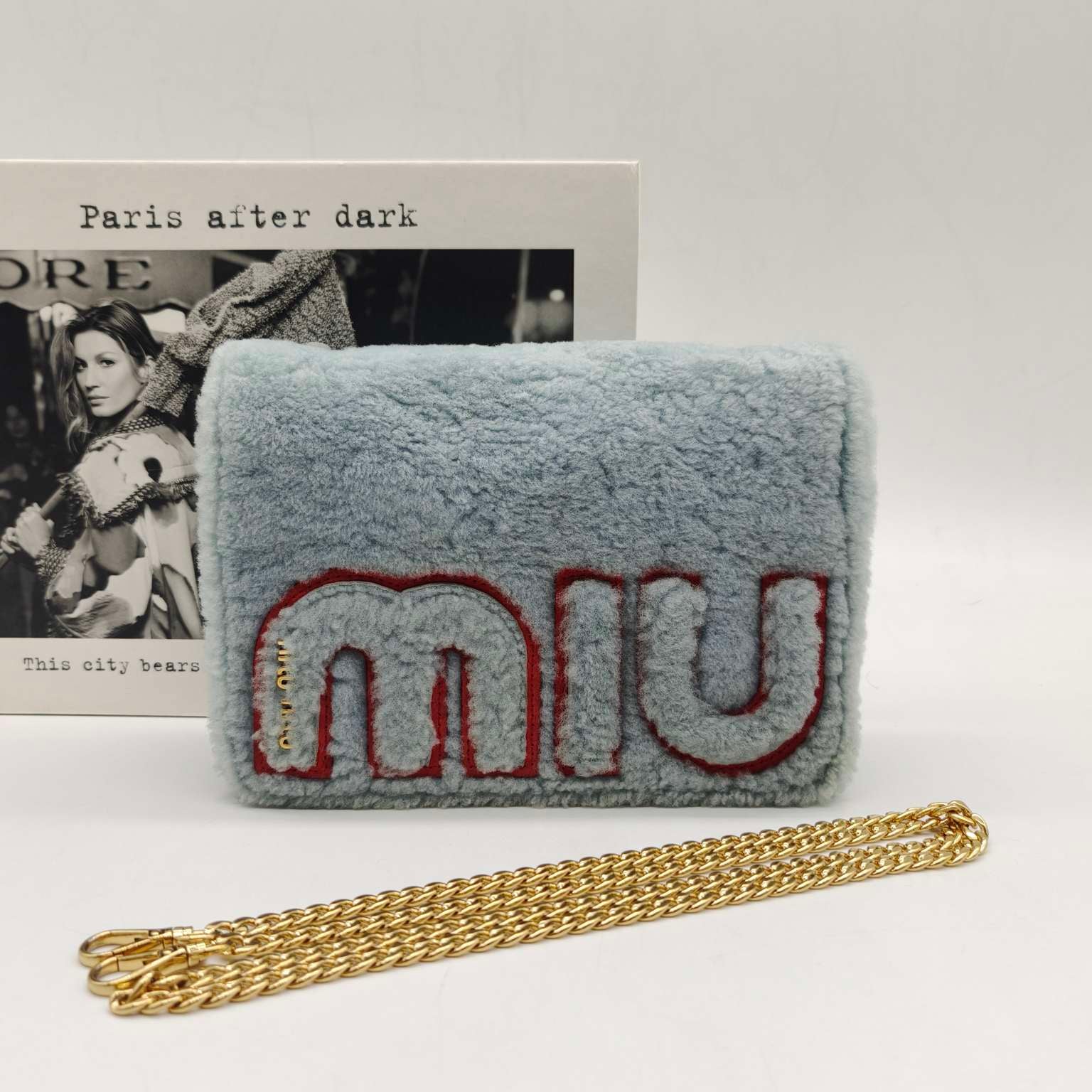 Miu Miu Plush Large Logo Chain Bag Blue Silver Hardware