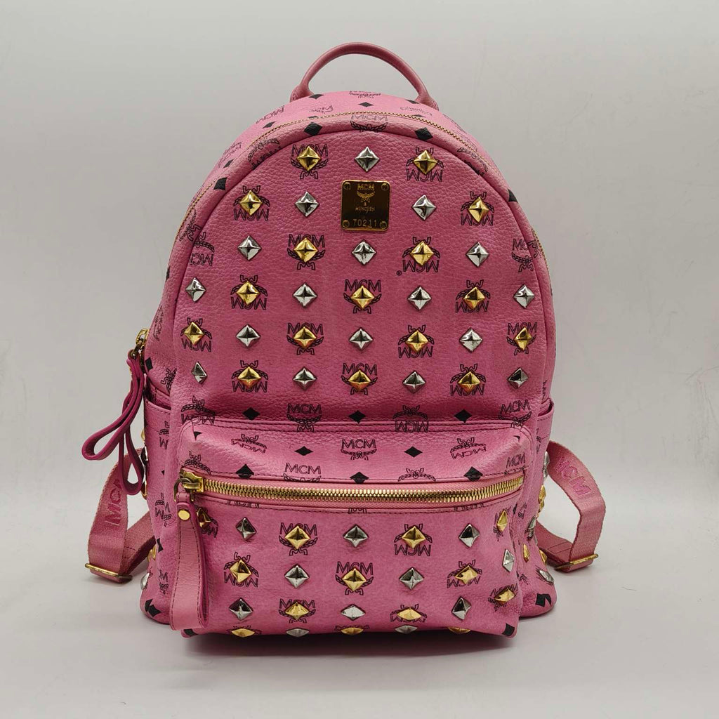MCM Visetos Studded Backpack Large Pink Gold Hardware