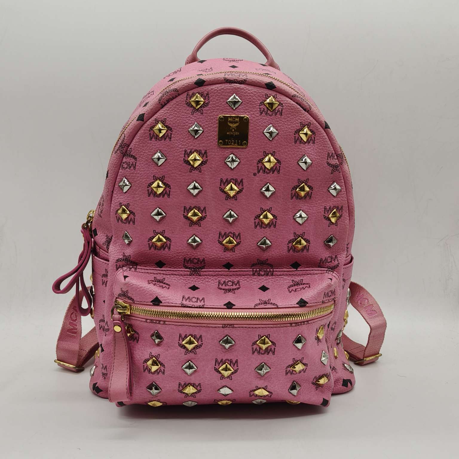 MCM Visetos Studded Backpack Large Pink Gold Hardware