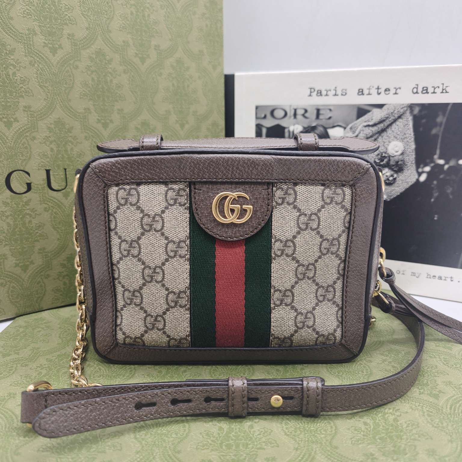 Gucci Ophidia Shoulder Bag GG Supreme Canvas Brown Leather Gold Hardware