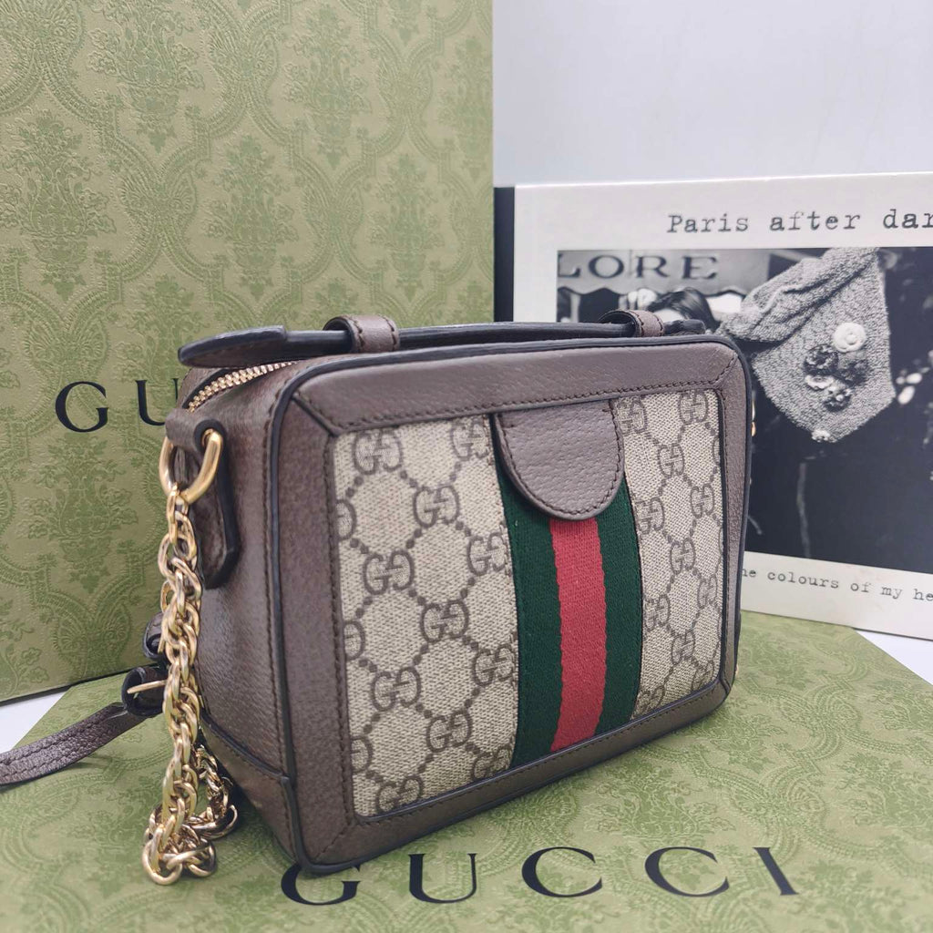 Gucci Ophidia Shoulder Bag GG Supreme Canvas Brown Leather Gold Hardware