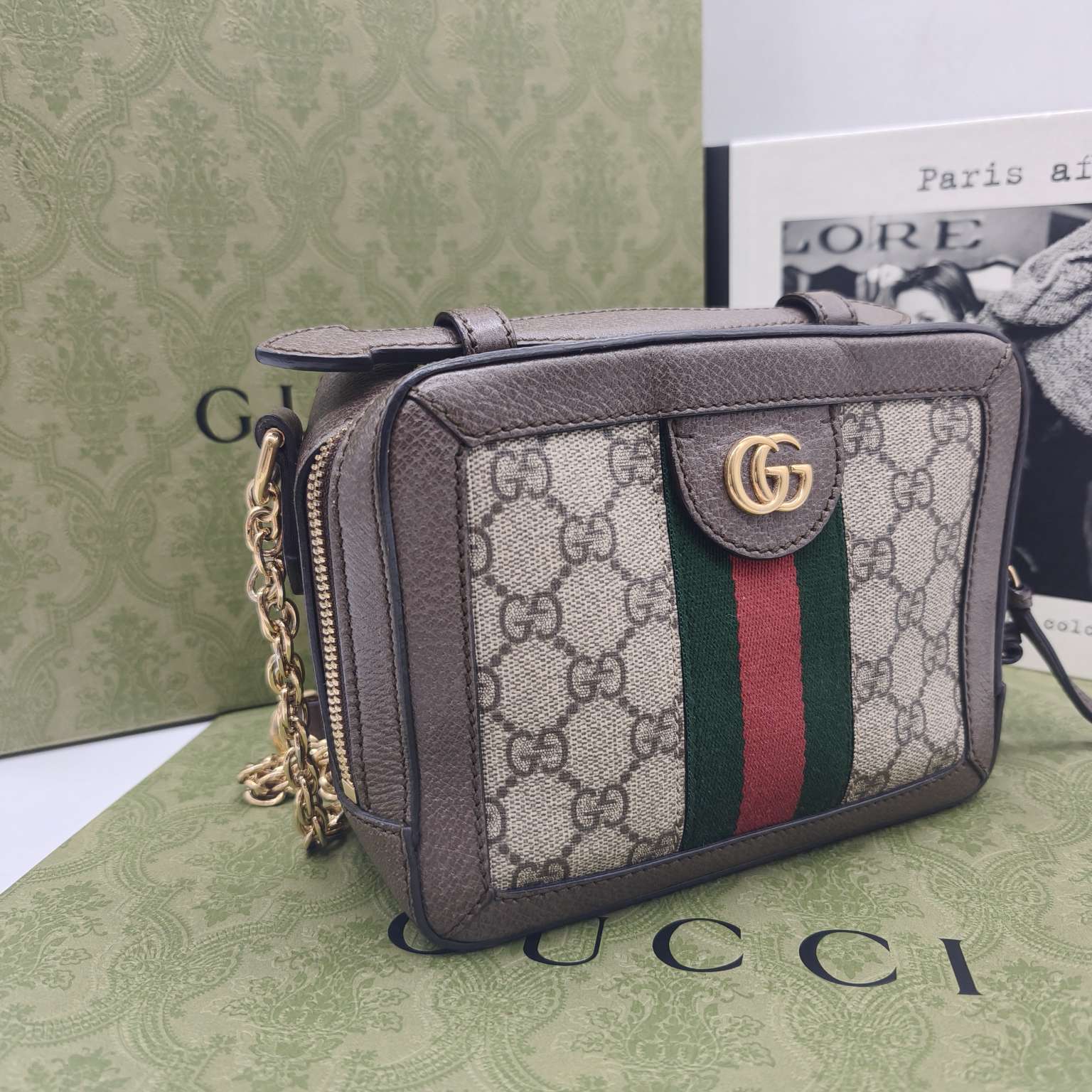 Gucci Ophidia Shoulder Bag GG Supreme Canvas Brown Leather Gold Hardware