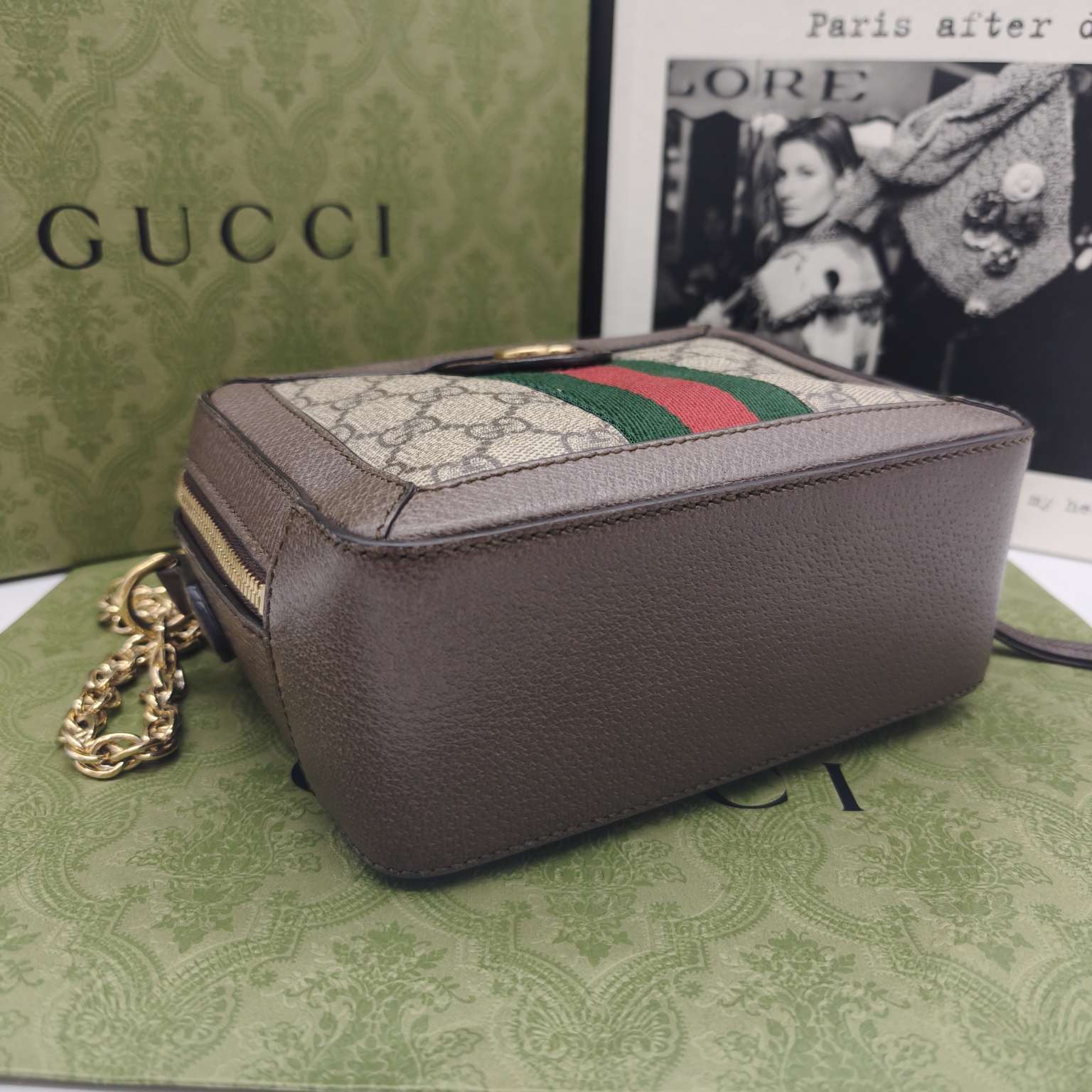 Gucci Ophidia Shoulder Bag GG Supreme Canvas Brown Leather Gold Hardware