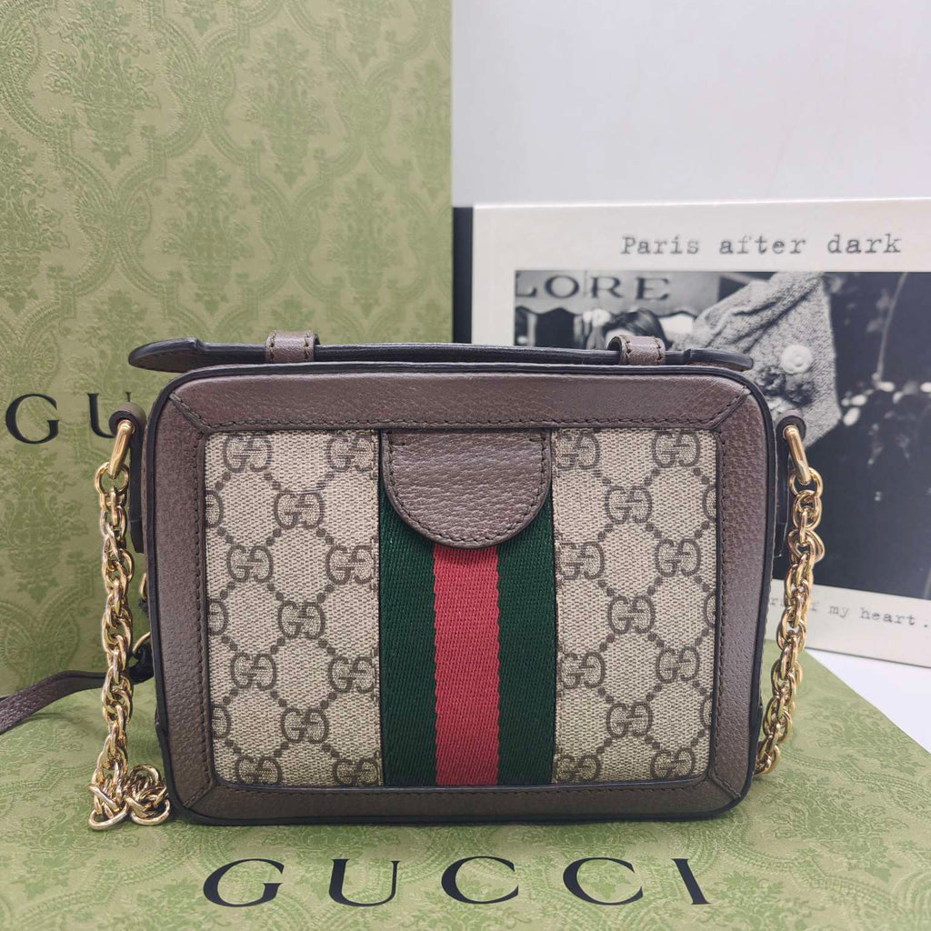 Gucci Ophidia Shoulder Bag GG Supreme Canvas Brown Leather Gold Hardware