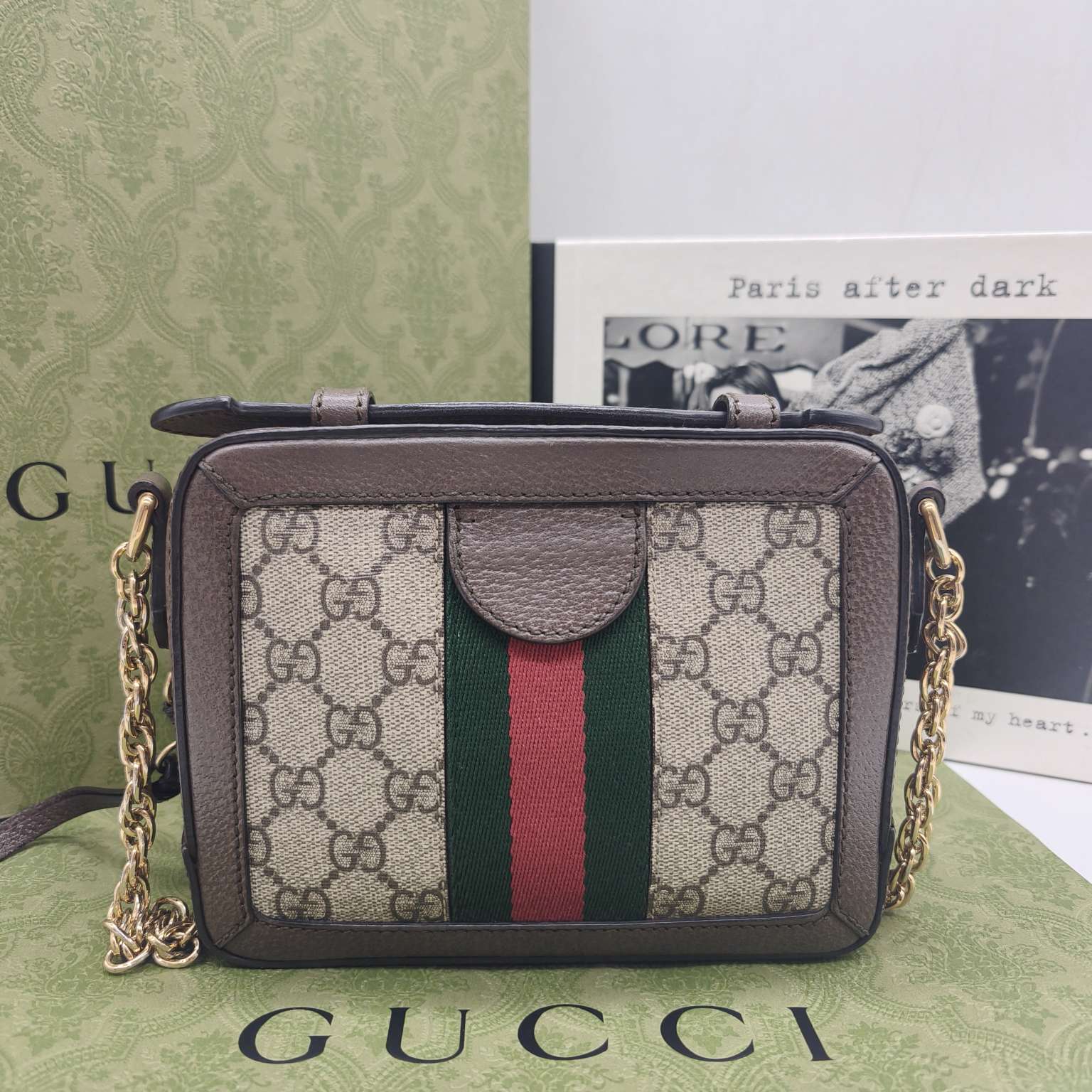 Gucci Ophidia Shoulder Bag GG Supreme Canvas Brown Leather Gold Hardware