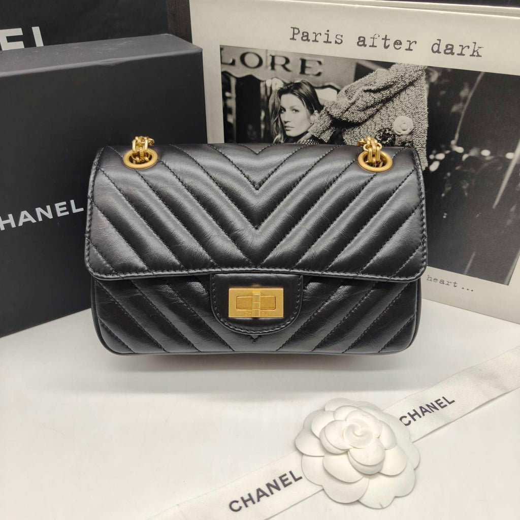 Chanel Reissue Flap Bag Black Chevron Quilted Leather Gold Hardware