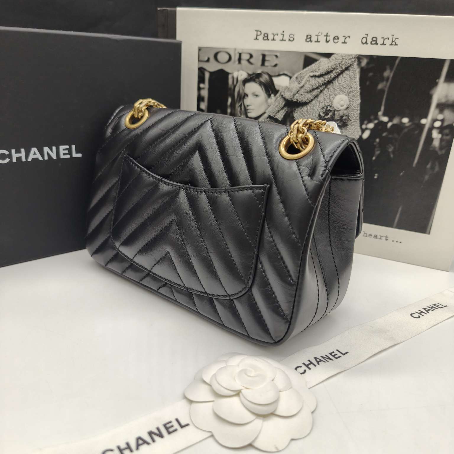 Chanel Reissue Flap Bag Black Chevron Quilted Leather Gold Hardware
