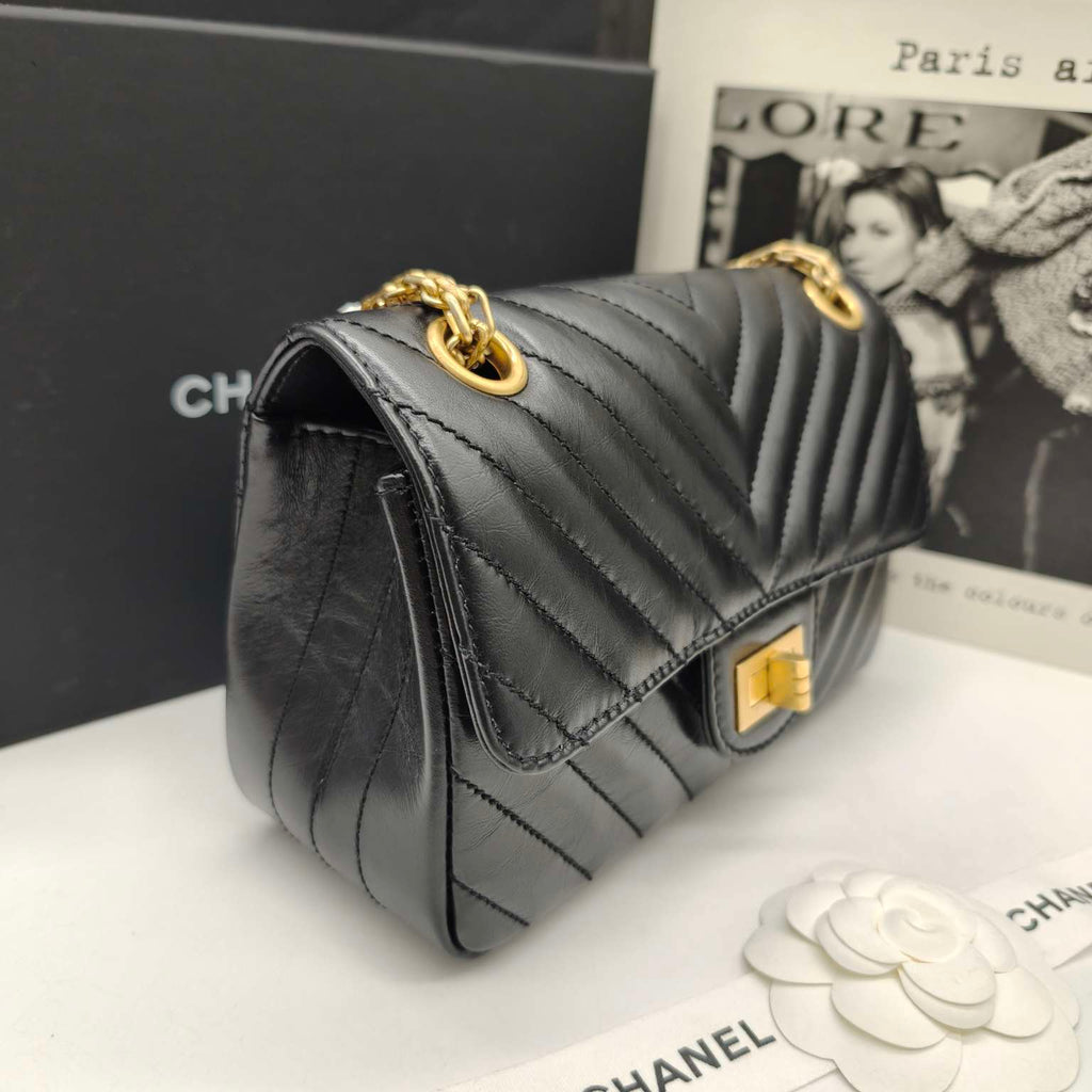 Chanel Reissue Flap Bag Black Chevron Quilted Leather Gold Hardware