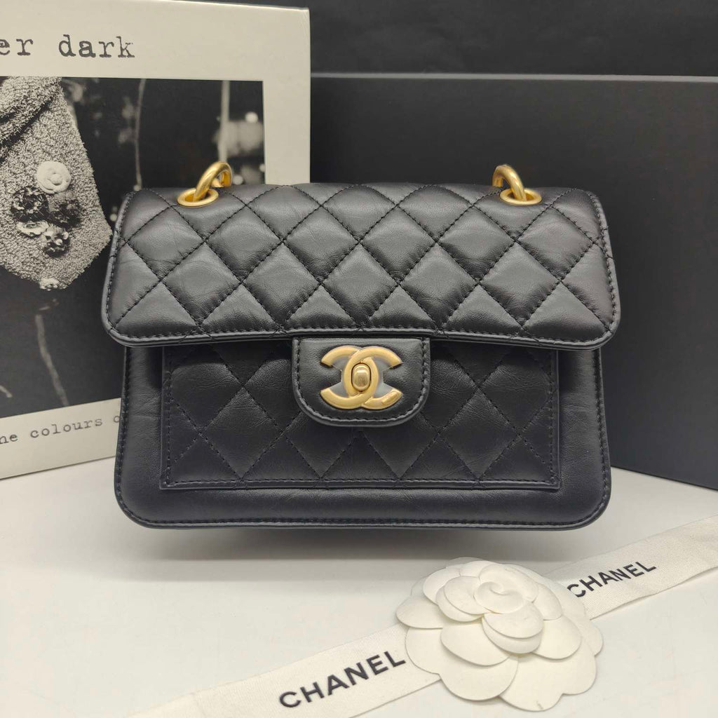 Chanel Classic Square Flap Handbag Black Lambskin Gold Hardware