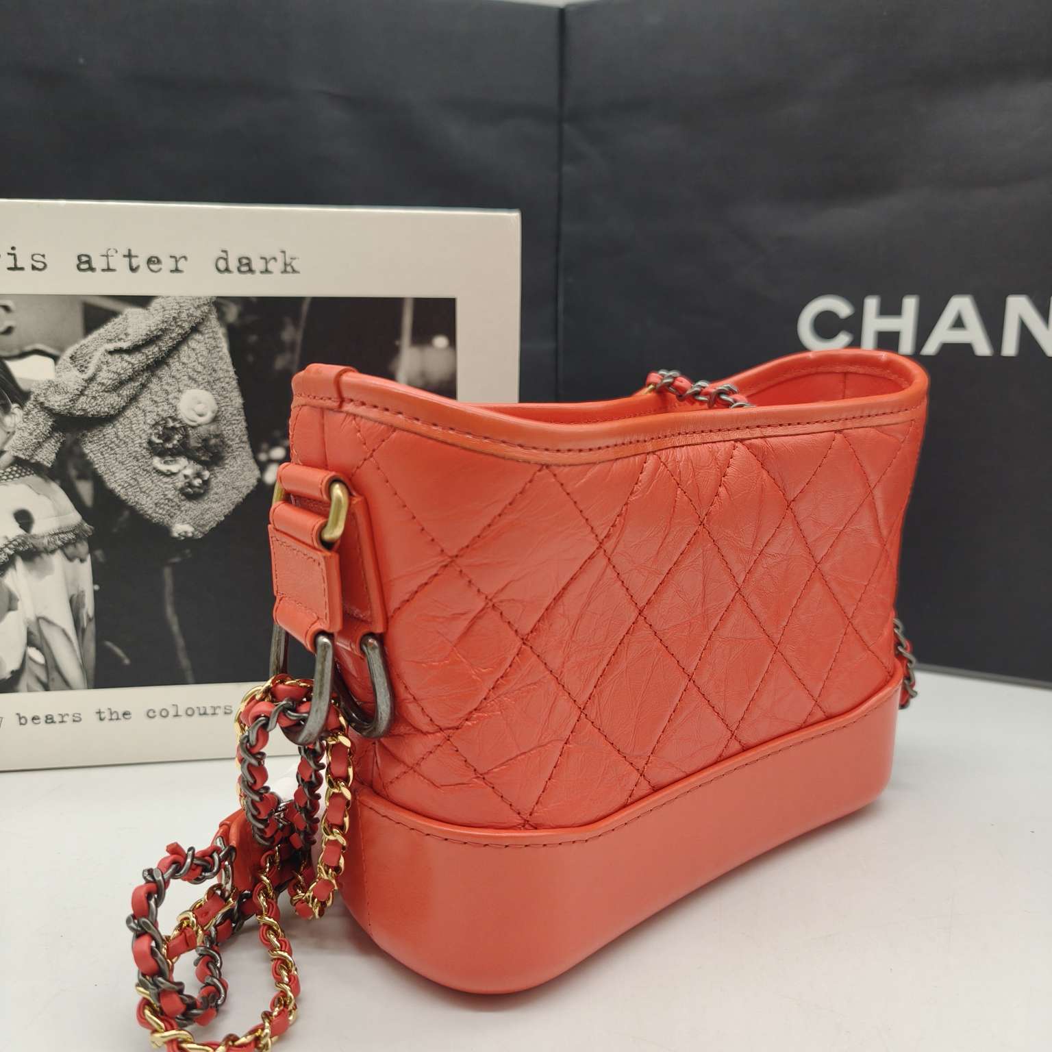 Chanel Gabrielle Hobo Handbag Coral Quilted Leather Gold & Silver Hardware