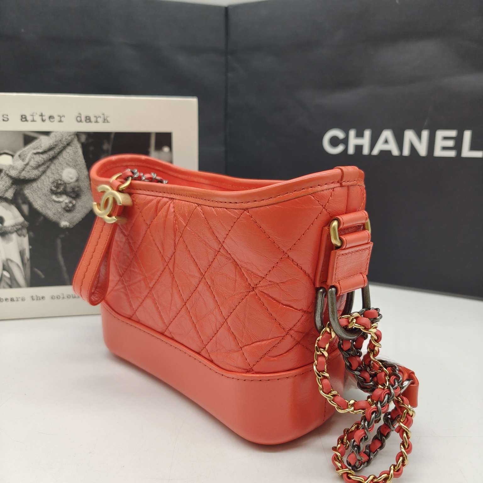 Chanel Gabrielle Hobo Handbag Coral Quilted Leather Gold & Silver Hardware