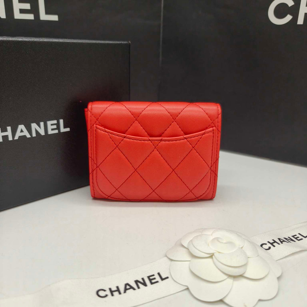 Chanel Quilted Leather Compact Wallet Orange-Red Gold Hardware