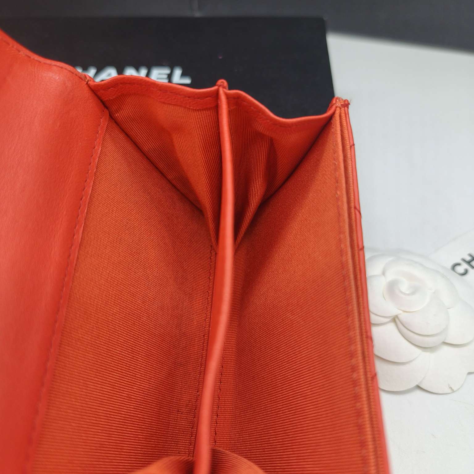 Chanel Quilted Leather Compact Wallet Orange-Red Gold Hardware