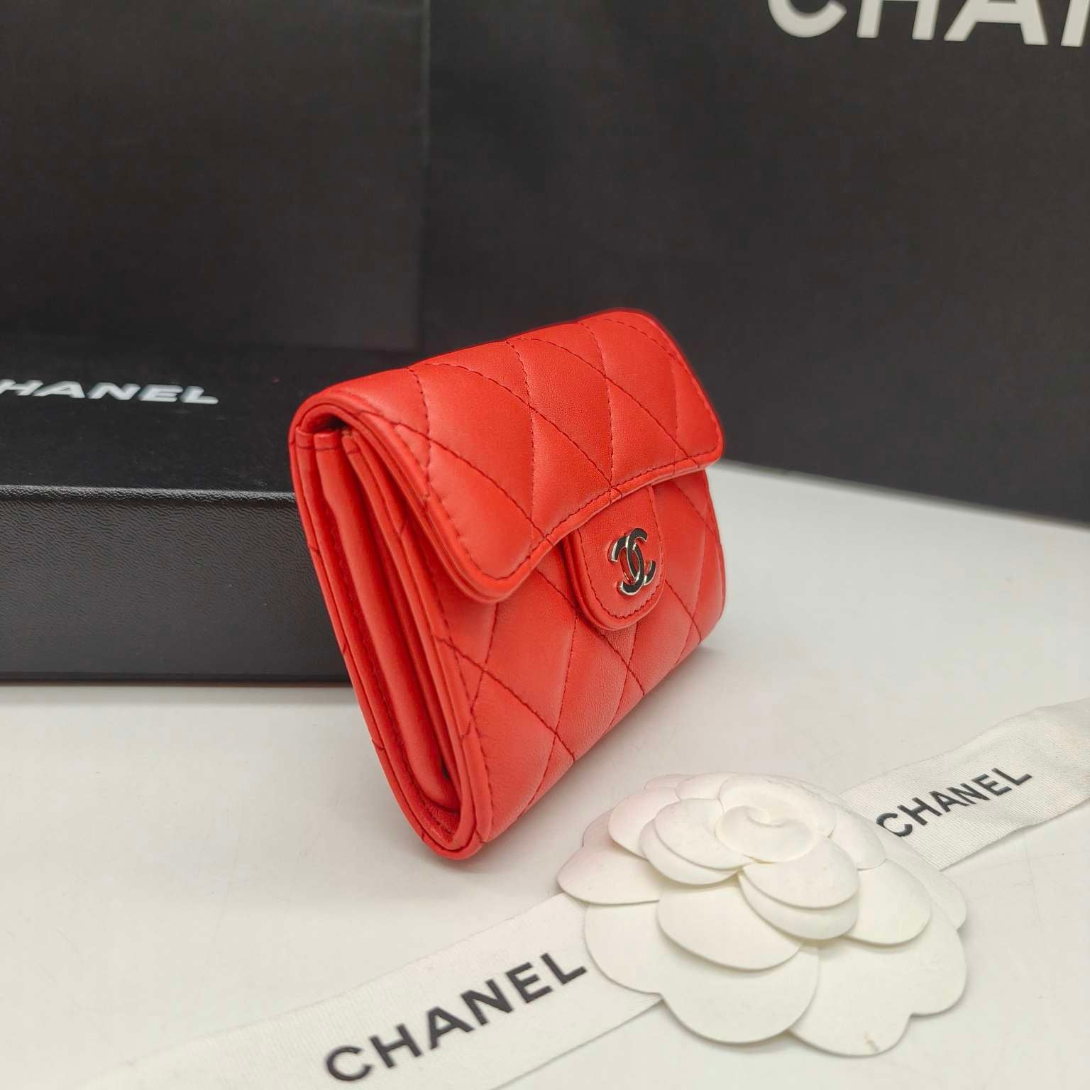 Chanel Quilted Leather Compact Wallet Orange-Red Gold Hardware