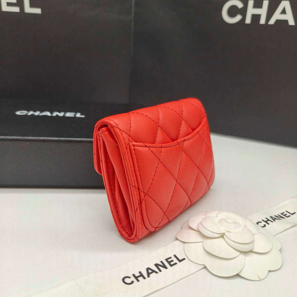 Chanel Quilted Leather Compact Wallet Orange-Red Gold Hardware