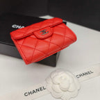 Chanel Quilted Leather Compact Wallet Orange-Red Gold Hardware