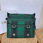 Dior Camp Messenger Bag Gingham Embroidery Green Black Silver Hardware