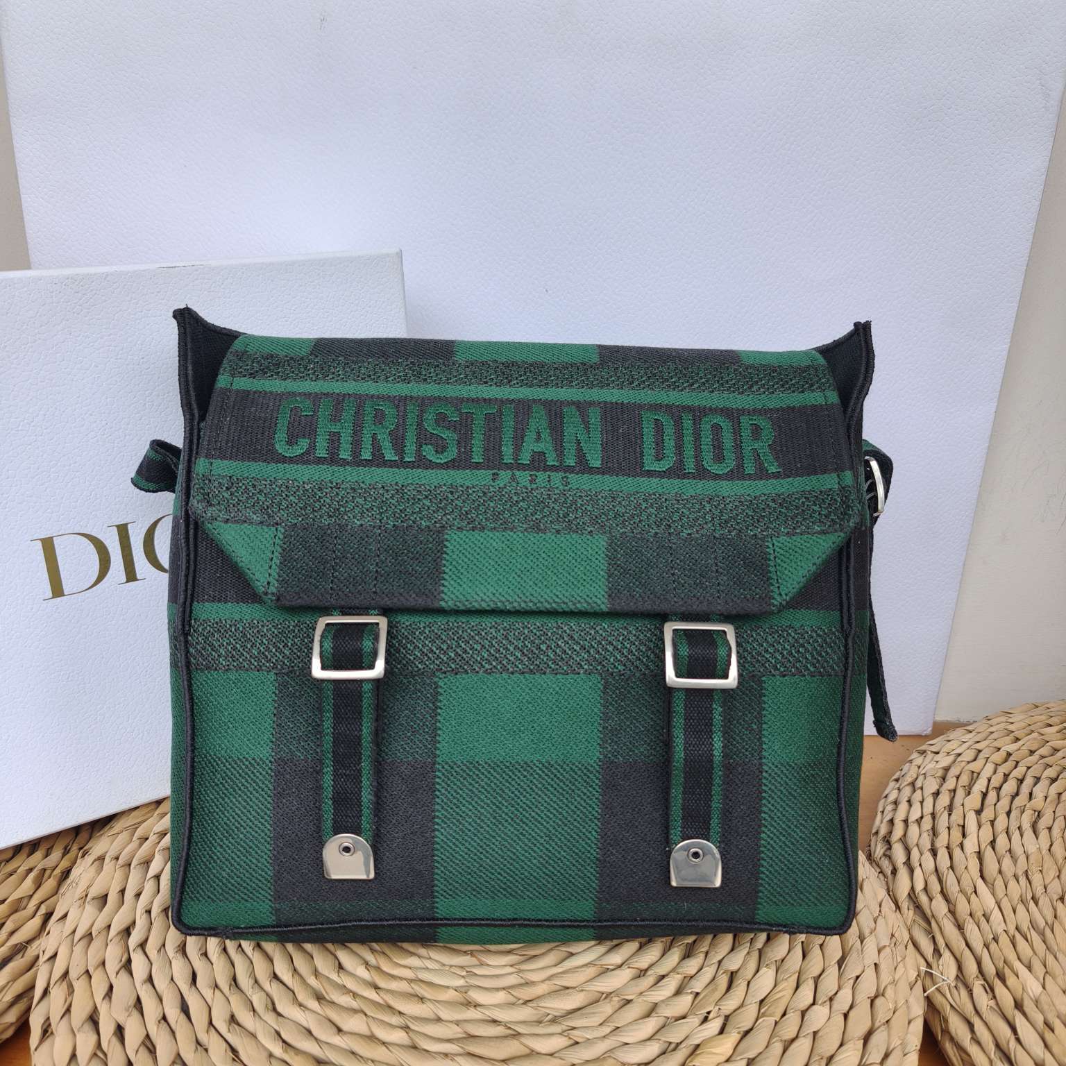 Dior Camp Messenger Bag Gingham Embroidery Green Black Silver Hardware