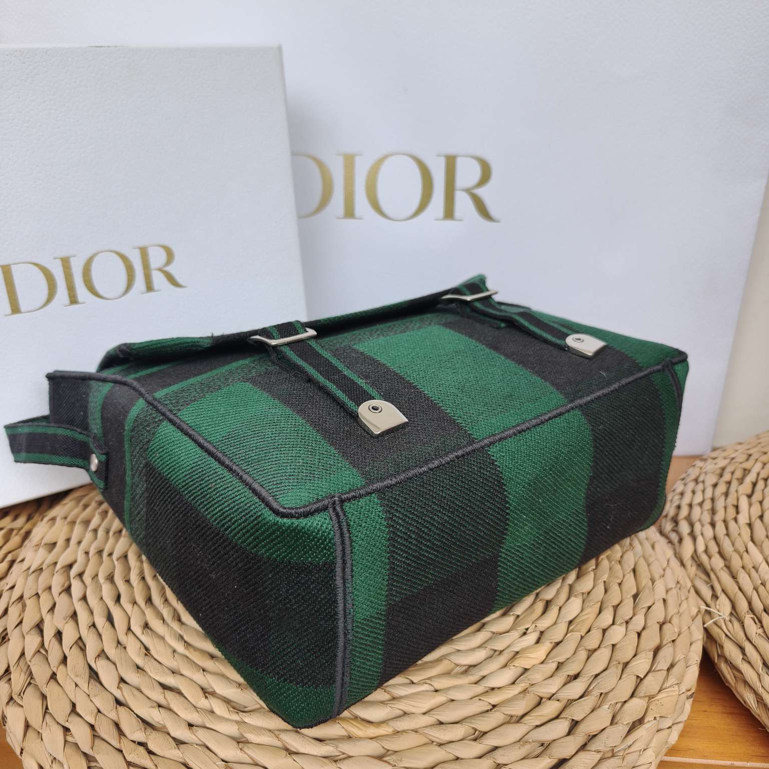 Dior Camp Messenger Bag Gingham Embroidery Green Black Silver Hardware