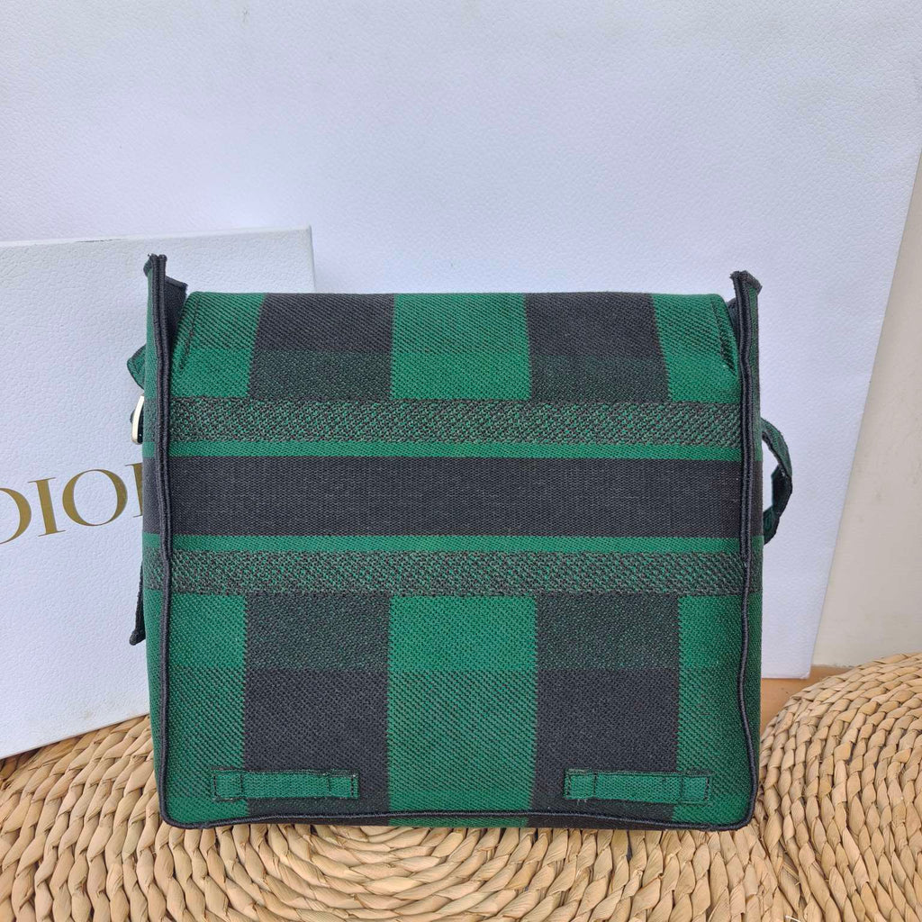 Dior Camp Messenger Bag Gingham Embroidery Green Black Silver Hardware