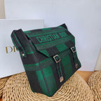 Dior Camp Messenger Bag Gingham Embroidery Green Black Silver Hardware