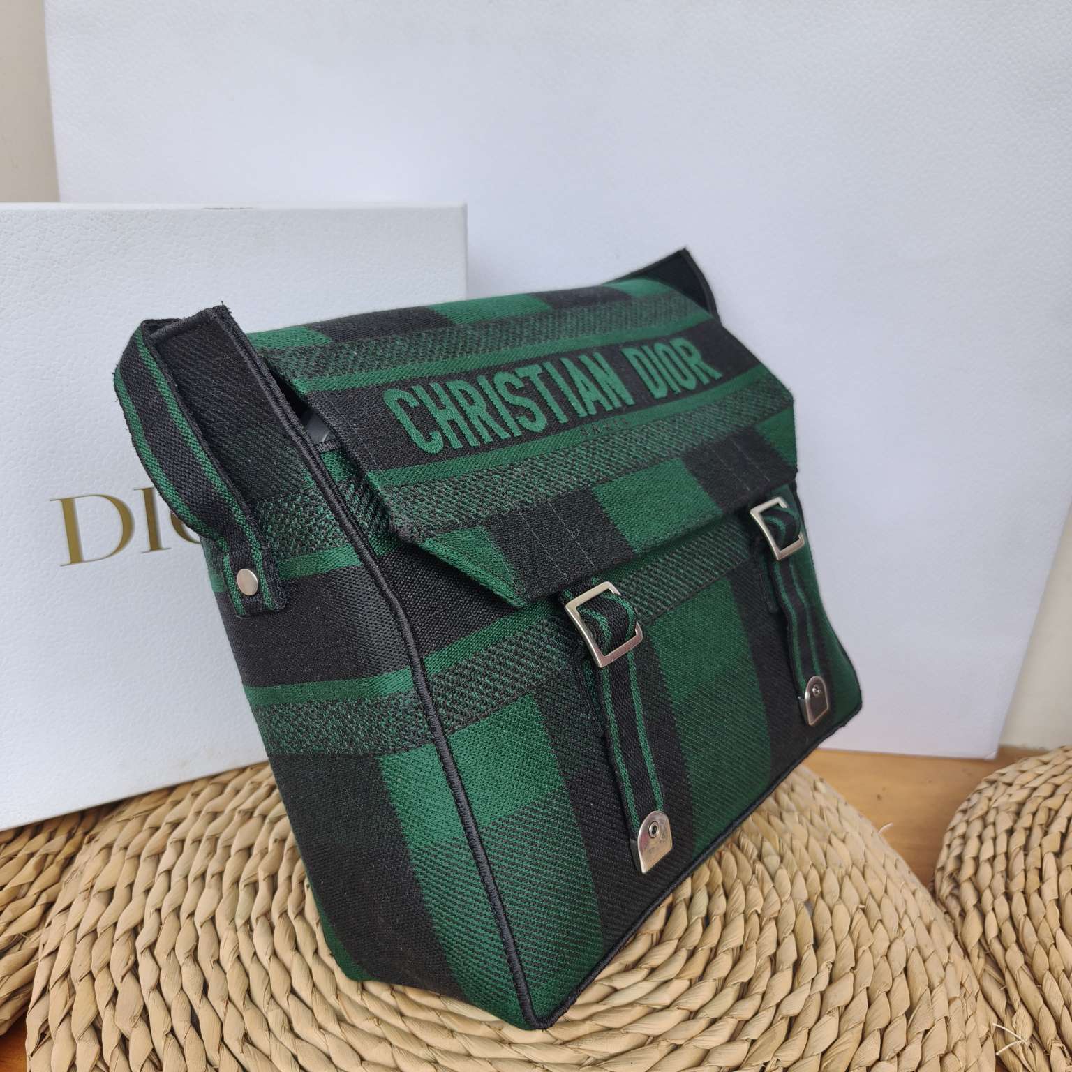 Dior Camp Messenger Bag Gingham Embroidery Green Black Silver Hardware