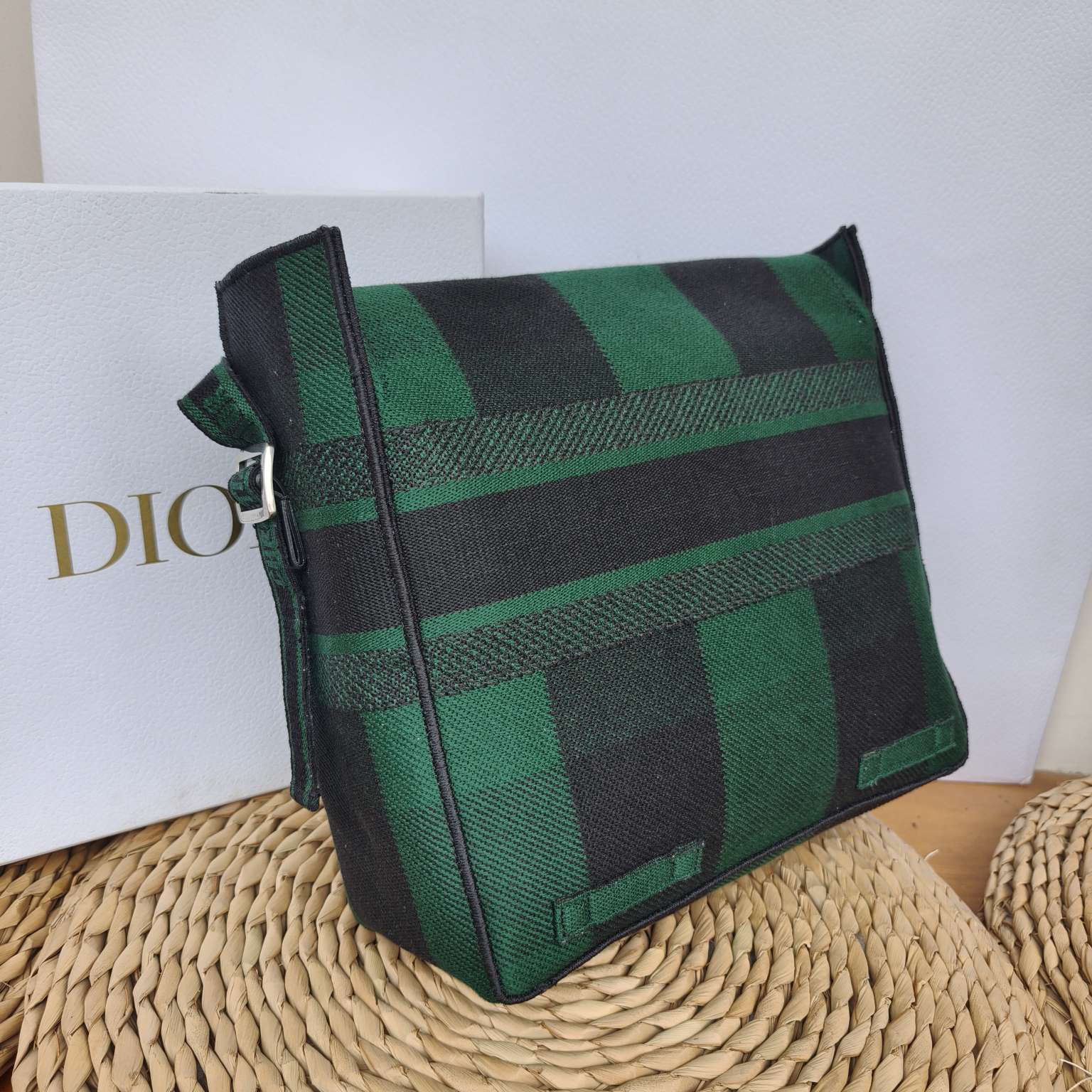 Dior Camp Messenger Bag Gingham Embroidery Green Black Silver Hardware