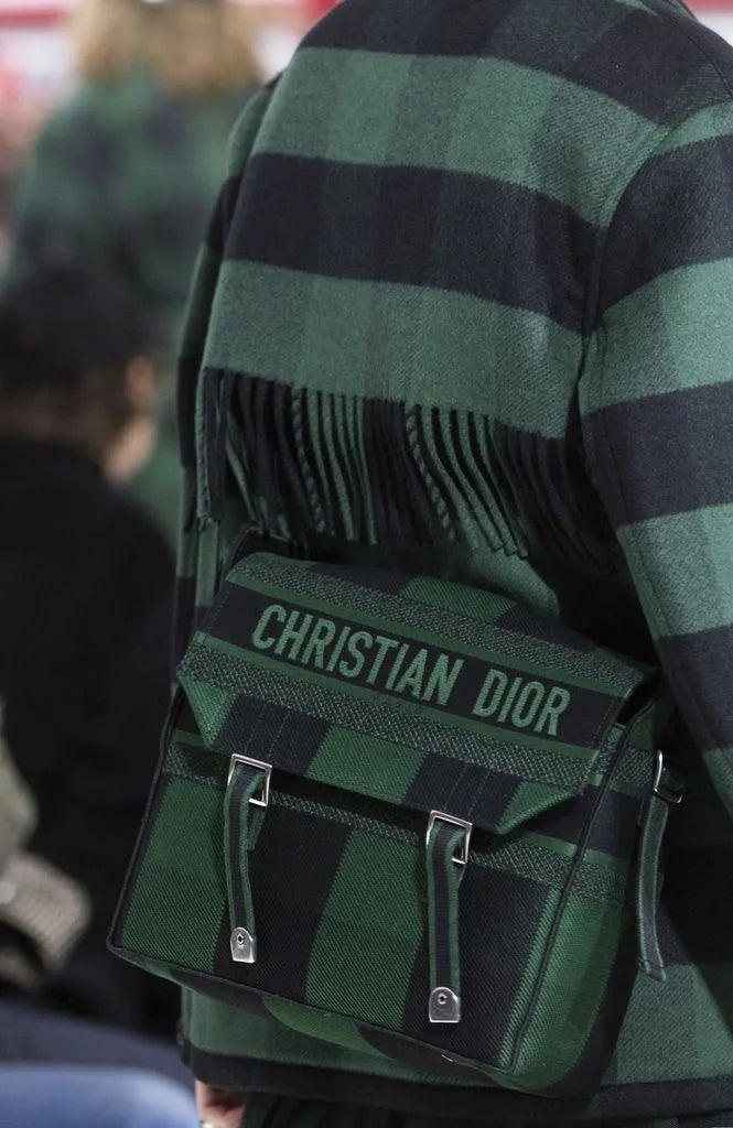 Dior Camp Messenger Bag Gingham Embroidery Green Black Silver Hardware