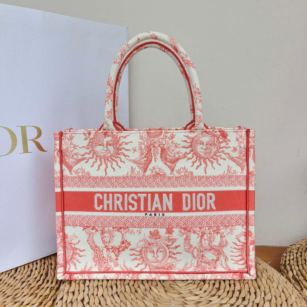 Dior Book Tote Medium Jouy Soleil Canvas Coral Orange Silver Hardware