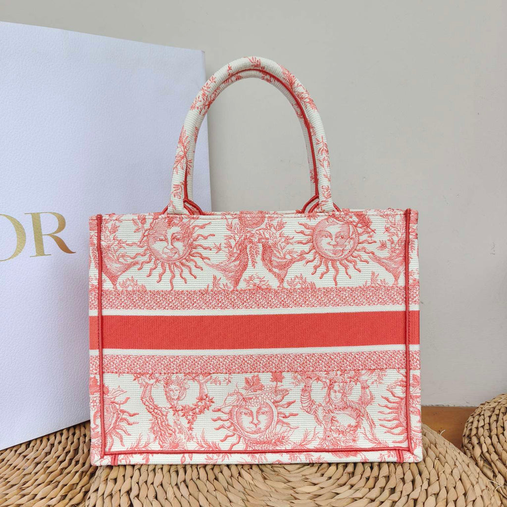 Dior Book Tote Medium Jouy Soleil Canvas Coral Orange Silver Hardware