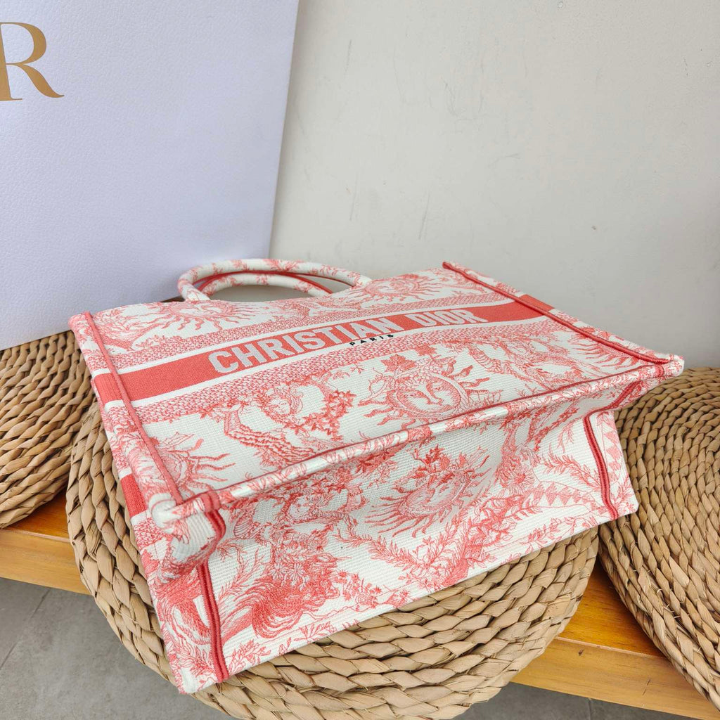 Dior Book Tote Medium Jouy Soleil Canvas Coral Orange Silver Hardware